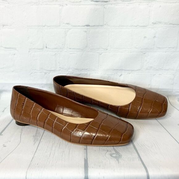 NEW Everlane brown croc embossed leather square toe circle heel ballet flats 7.5 - Picture 10 of 10